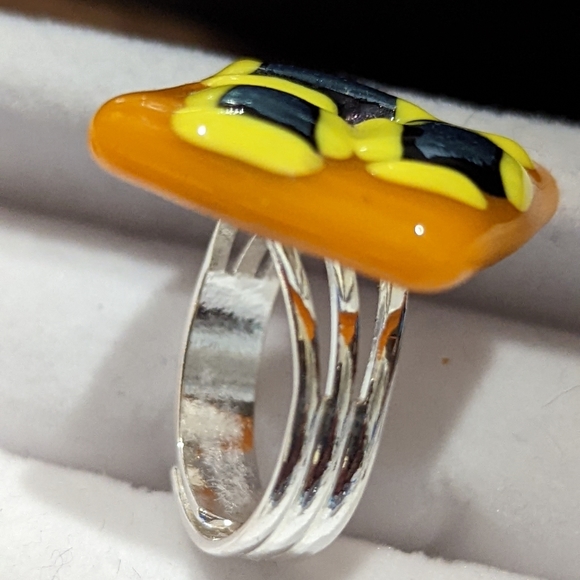Artisan Handmade orange abstract statement ring  adjustable silver plated - Picture 3 of 3